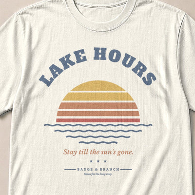 Lake Hours · Retro Sunset Tee — Collar & Chest View