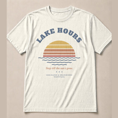 Lake Hours · Retro Sunset Tee — Full Shirt View