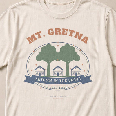 Mt. Gretna · Autumn in the Grove Tee — Collar & Chest View