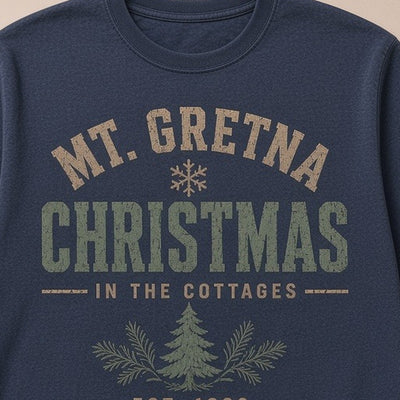 Mt. Gretna · Christmas in the Cottages (Pine Sprig) Crewneck — Collar & Chest View