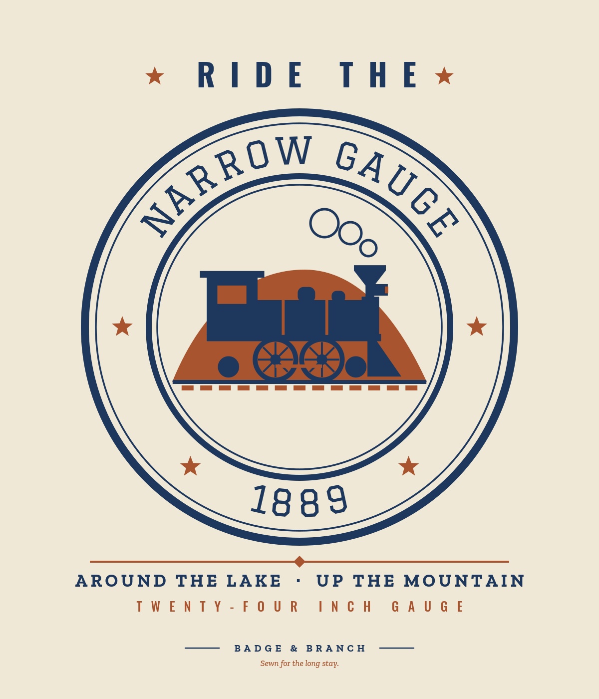 Ride the Narrow Gauge 1889 badge tee