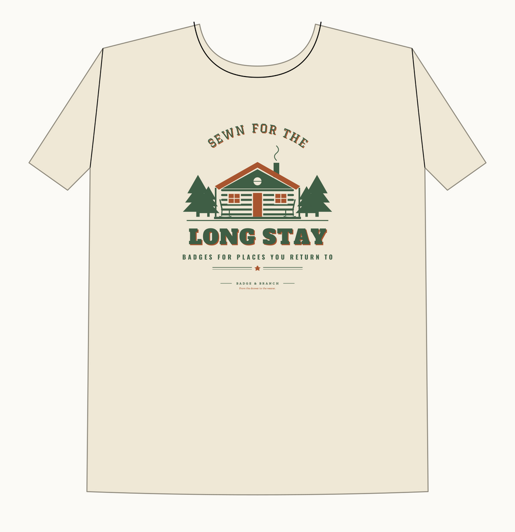 Sewn for the Long Stay house badge tee mockup