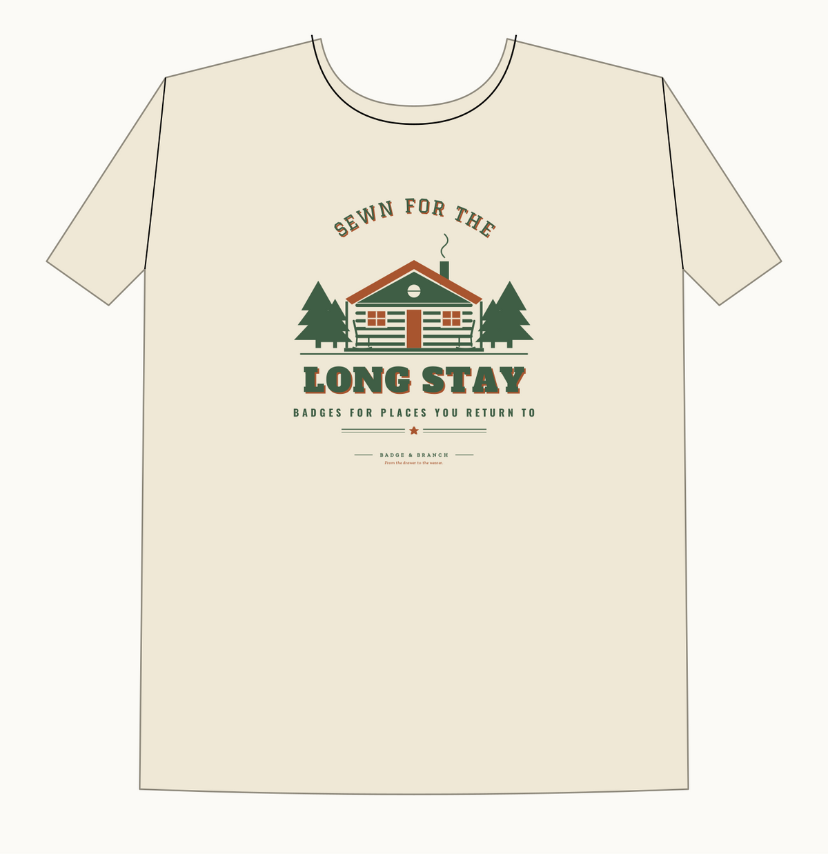 Sewn for the Long Stay house badge tee mockup