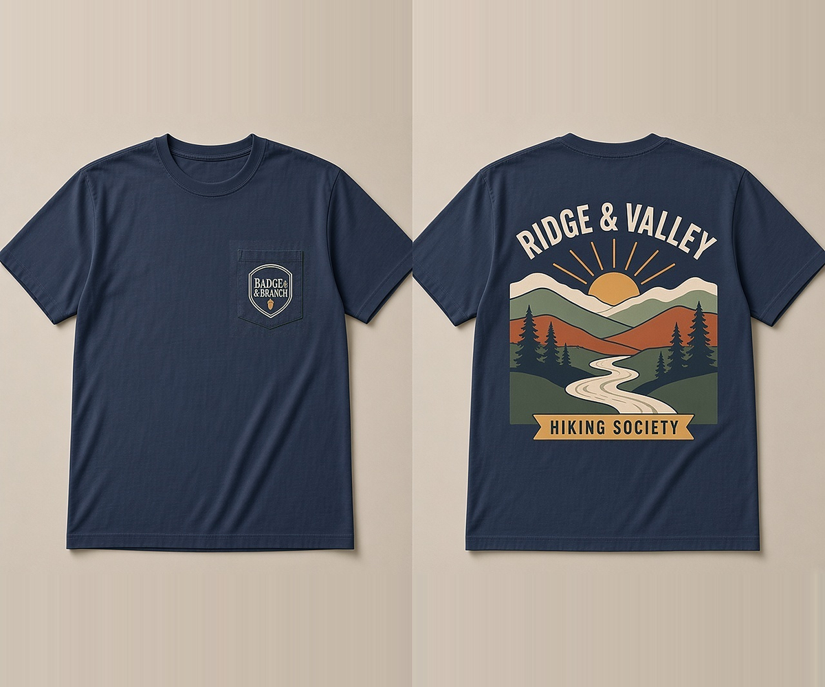 Ridge & Valley · Hiking Society Tee — Front & Back View