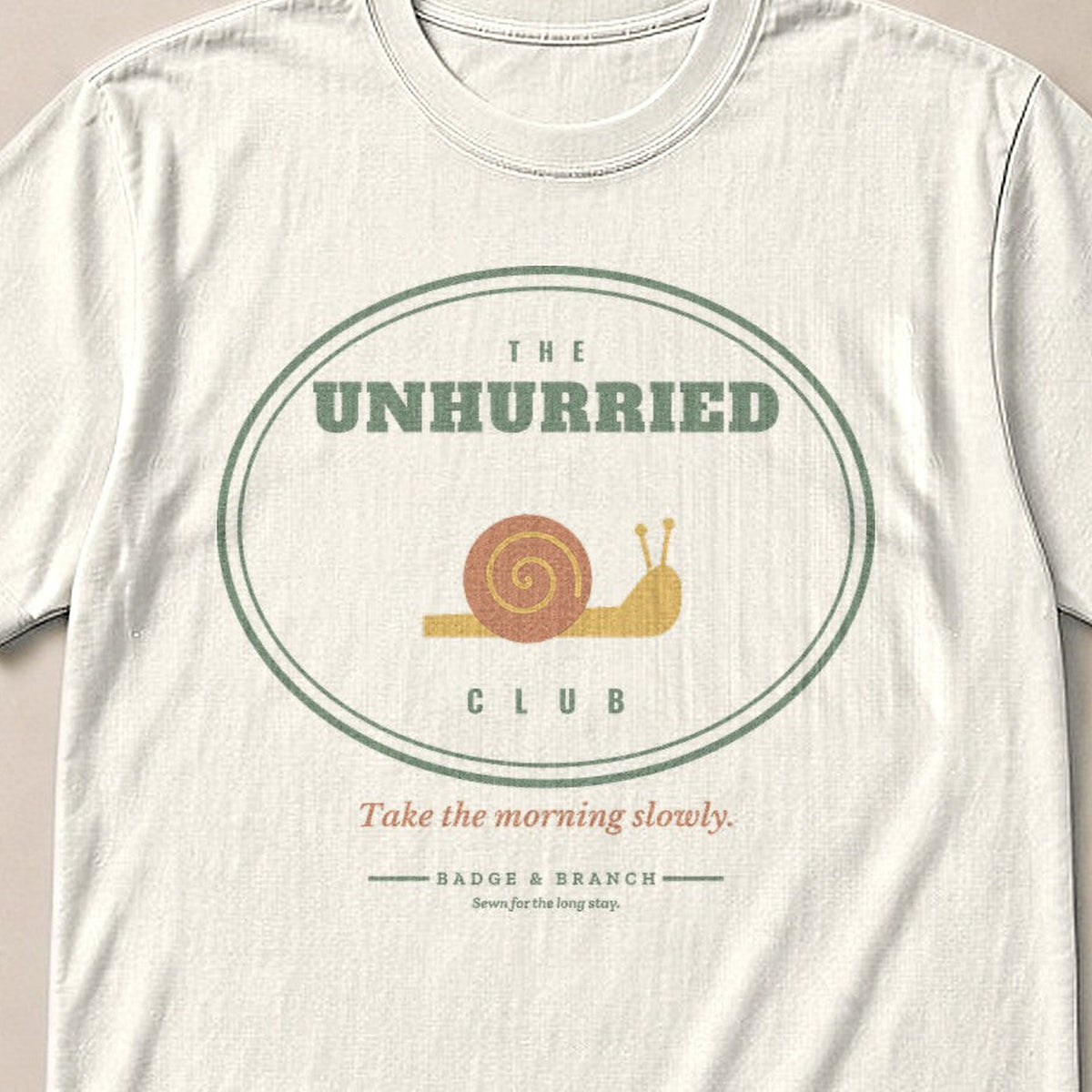 The Unhurried Club Tee — Collar & Chest View