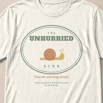 The Unhurried Club Tee — Collar & Chest View